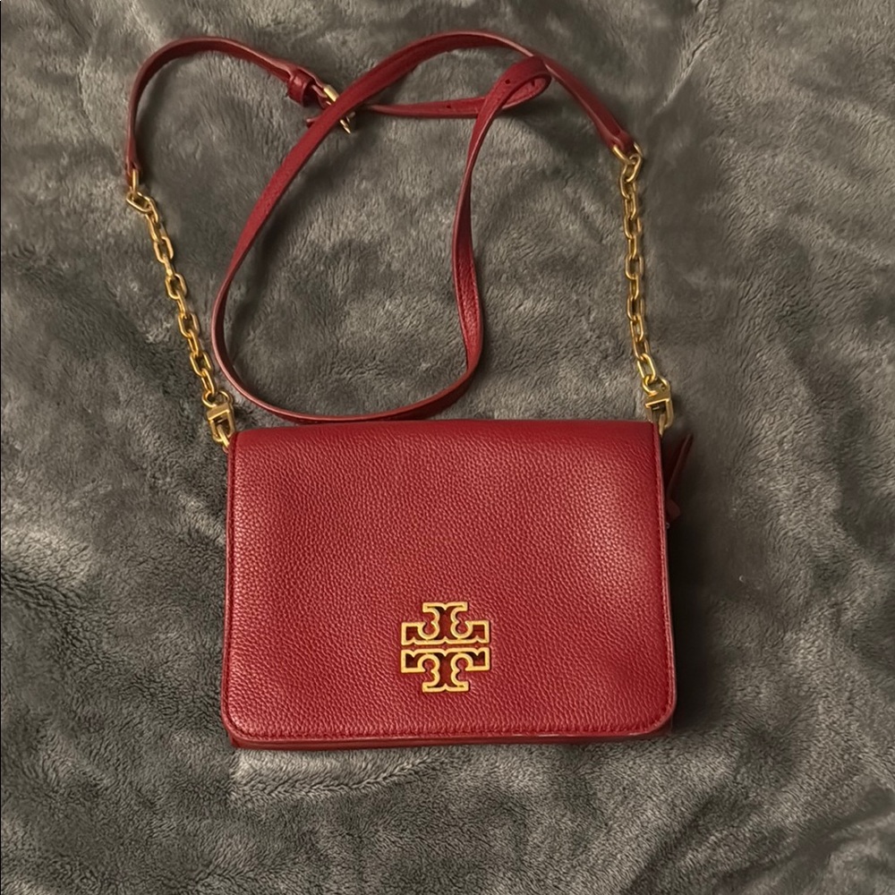 Tory Burch Red Gold Crossbody Bag with Chain Strap